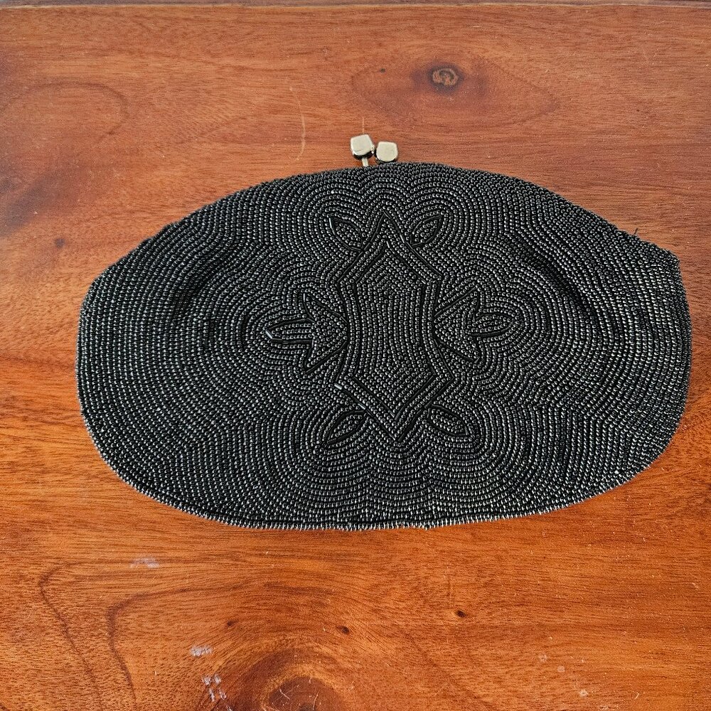 Beautiful Vintage 1960s Black Beaded Clutch with Goldtone Kiss Clasp